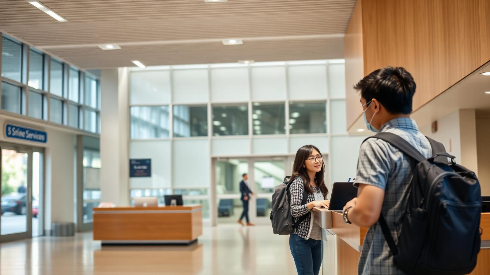 Student speaking with a support staff member at a campus student services desk