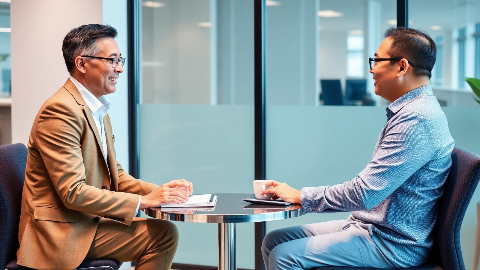 Advisor and client talking in a modern consultation office