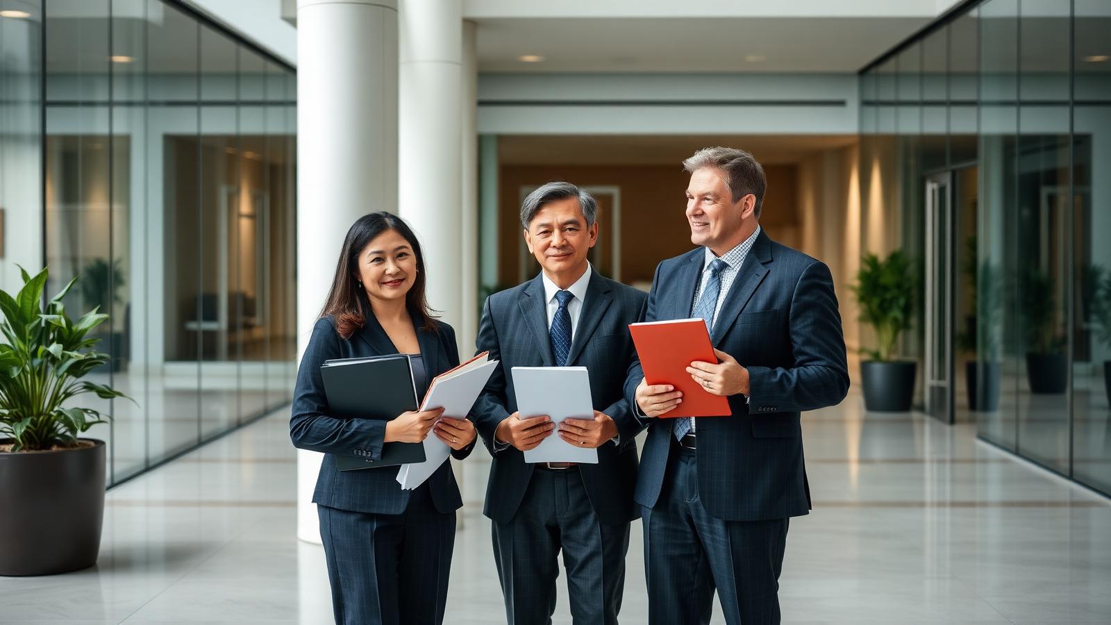 Asian and American business leaders talking in a modern office lobby