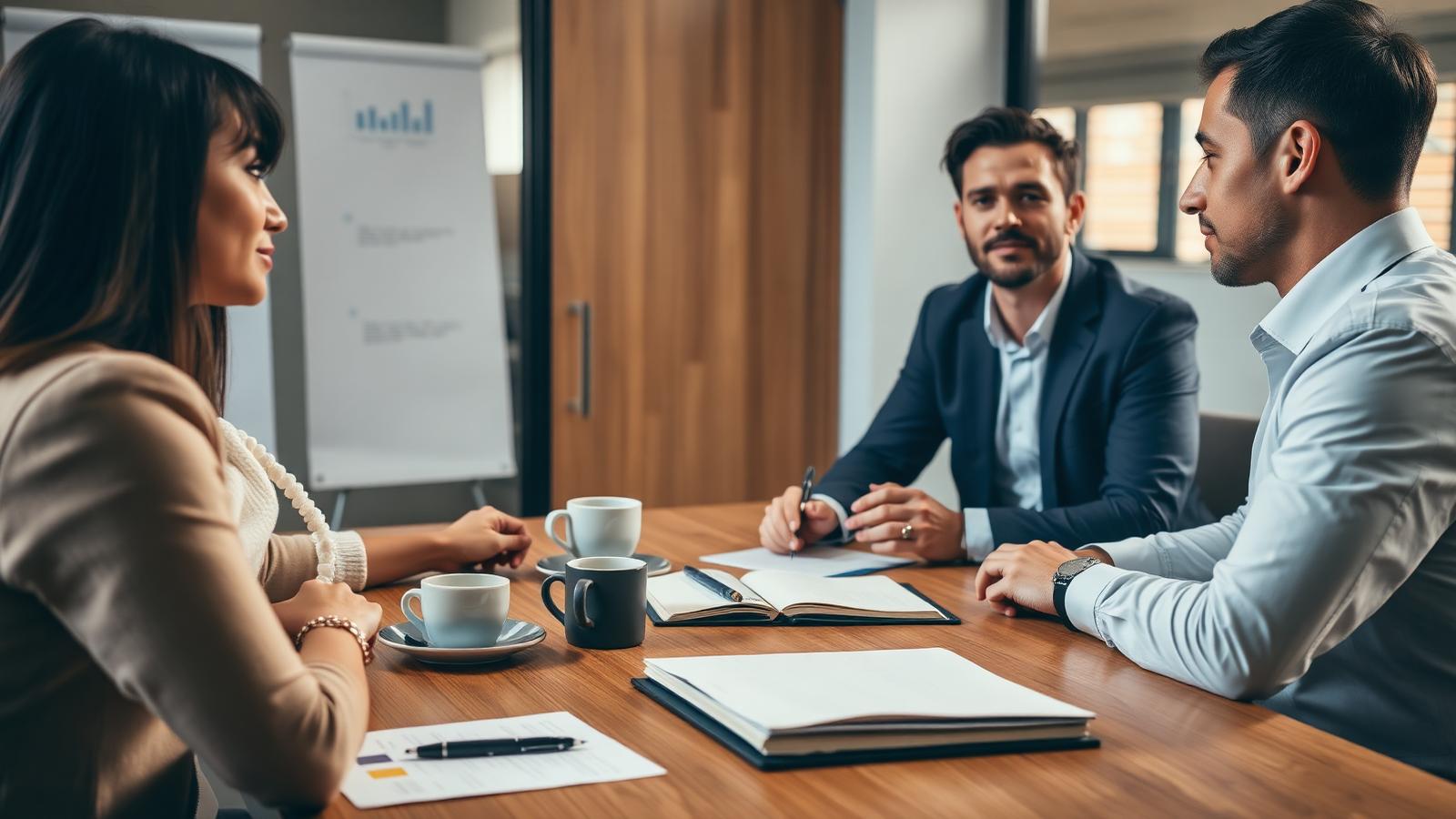 Three colleagues discussing business strategy around a meeting table