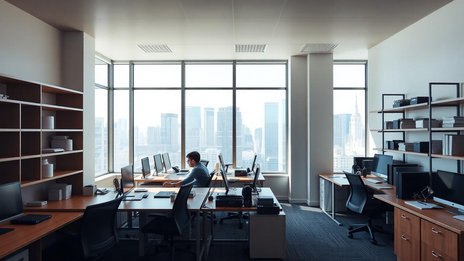 A new U.S. office being set up with desks and city views