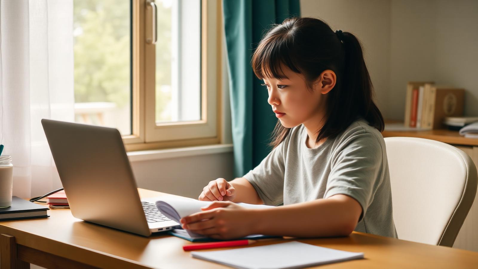 Vietnamese student researching U.S. schools on a laptop at home