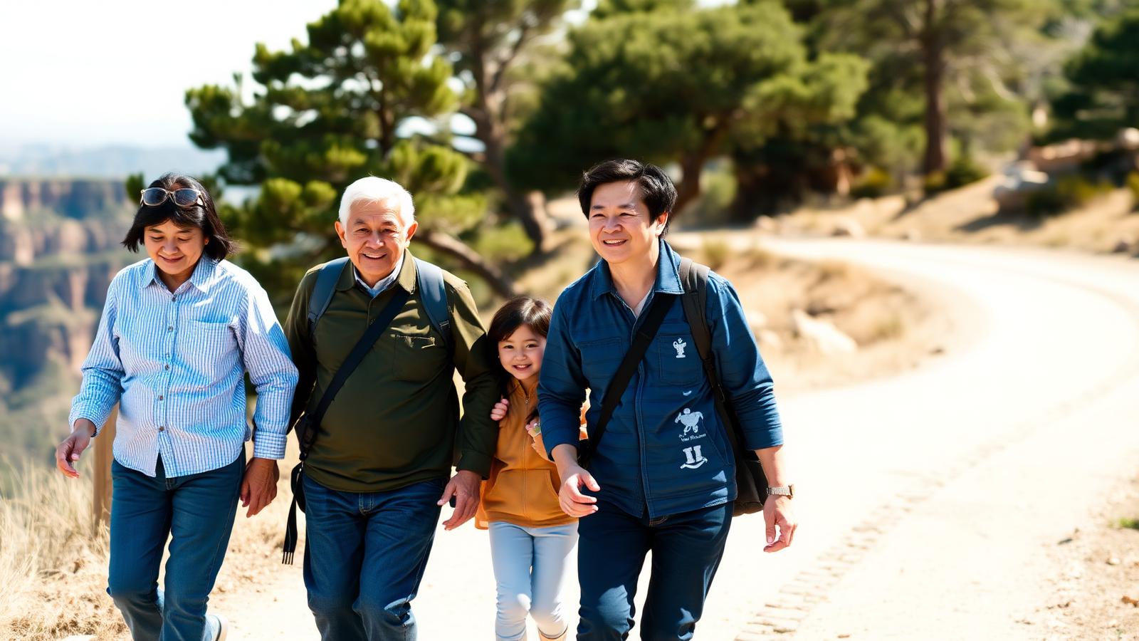 Multi-generational Asian family walking together in a U.S. national park