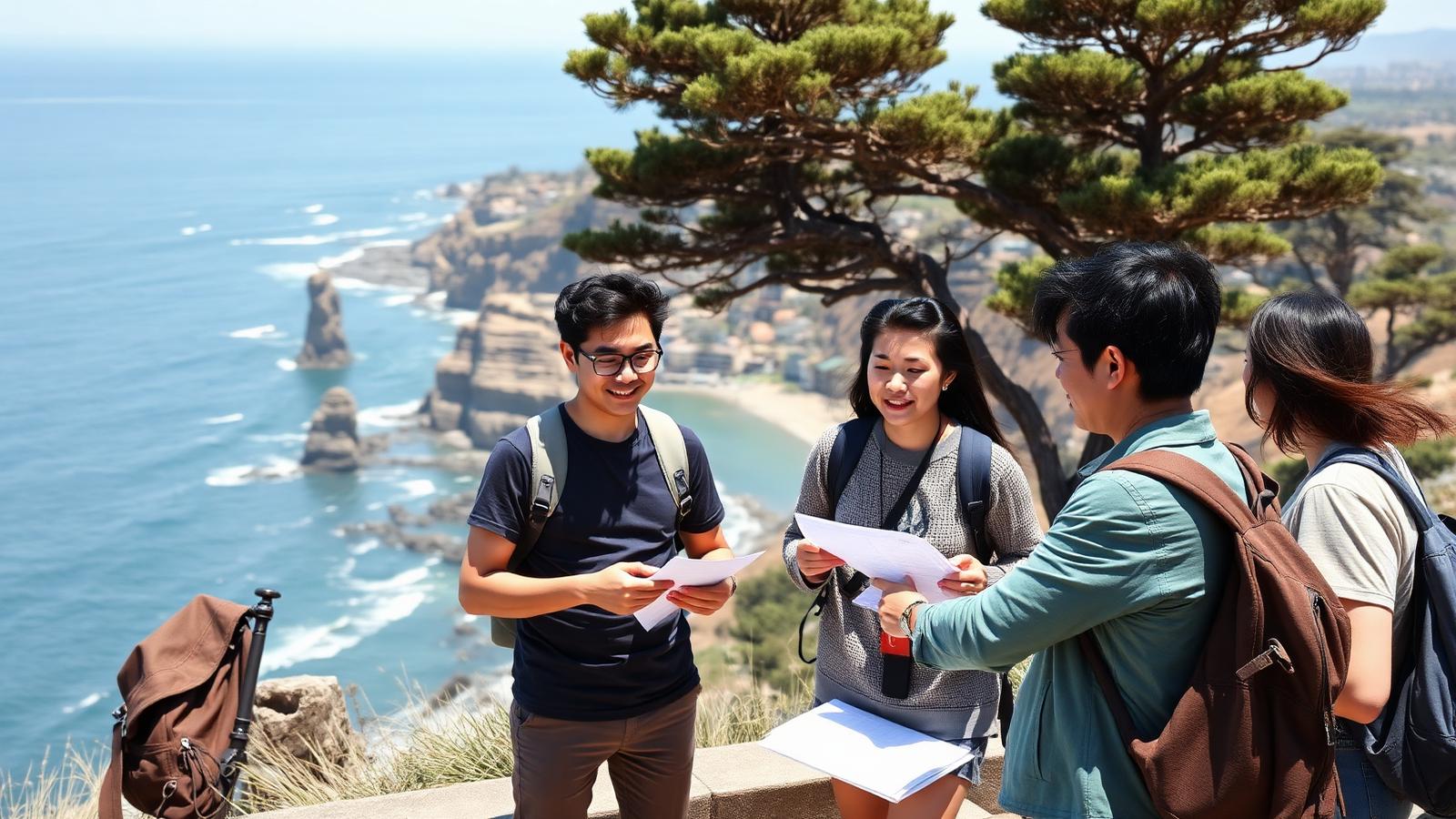 Asian tour group reviewing an itinerary with a guide at a California coastal overlook