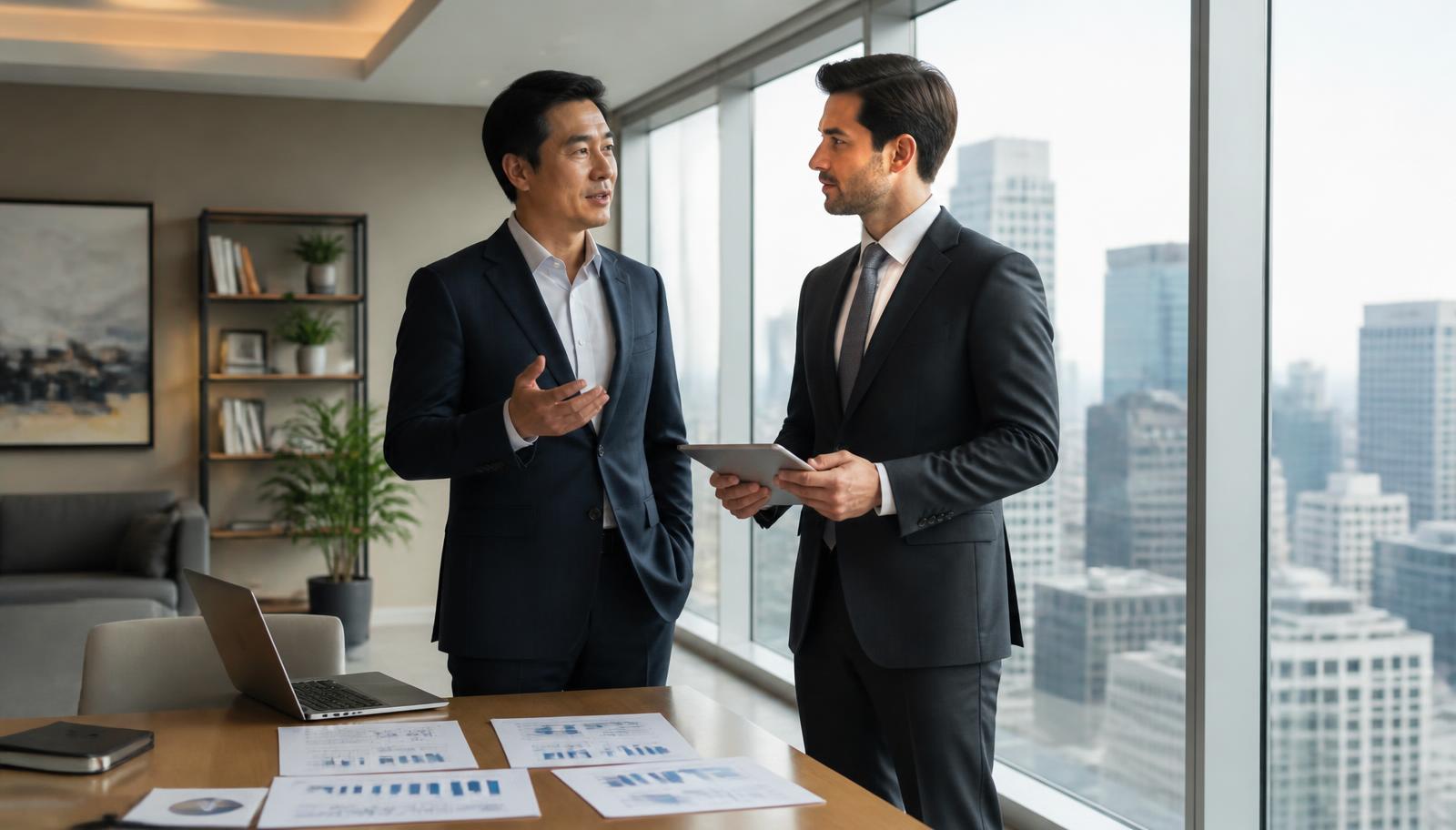 Two business representatives shaking hands in a modern U.S. office lobby