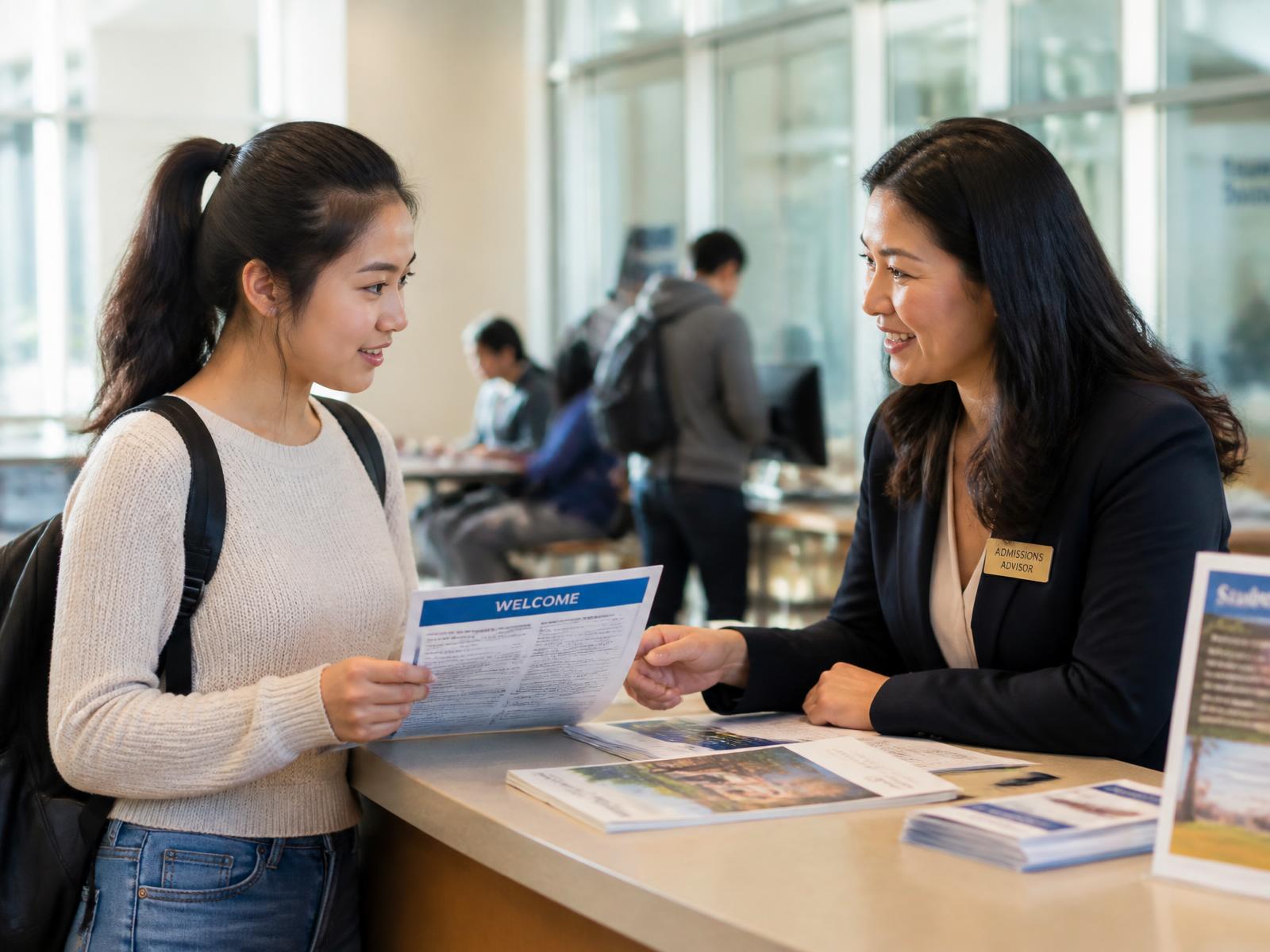 Asian student reviewing admission documents with a school advisor at a U.S. campus student services center