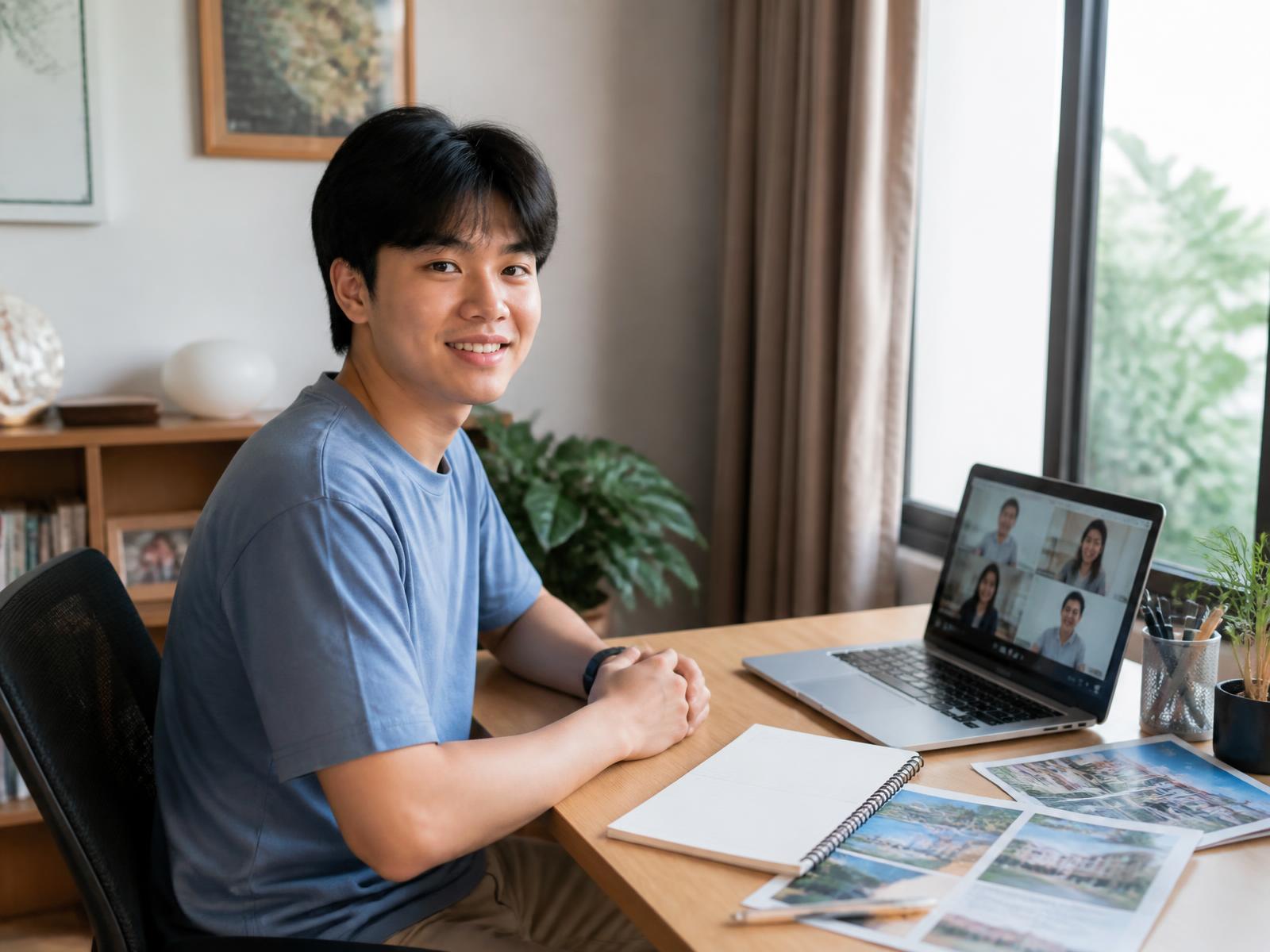 Vietnamese student discussing U.S. university programs online with a laptop and campus brochures
